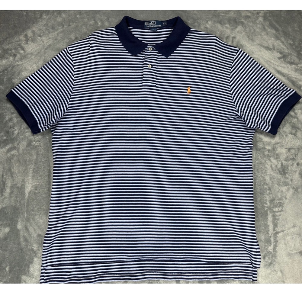 Polo‎ Ralph Lauren Mens XL Striped Polo Shirt Navy Blue Orange Pony Cotton